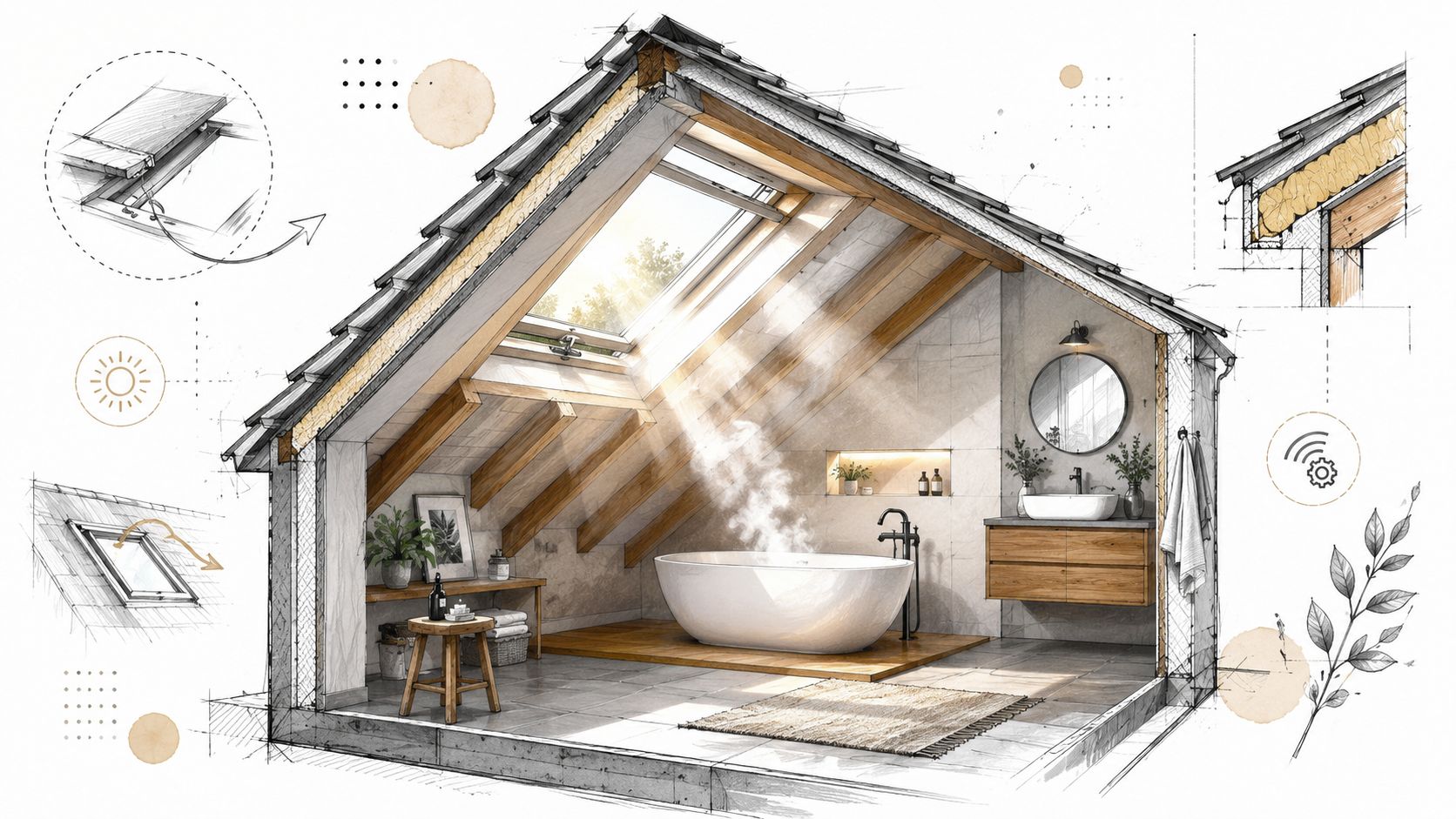 Illustration af et moderne badeværelse indrettet på loftet med et ovenlysvindue, der giver naturligt dagslys og damp.