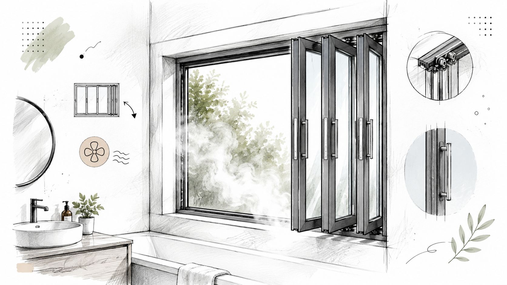 En skitse af et moderne badeværelse med et foldbart vindue, der giver god ventilation over badekarret.