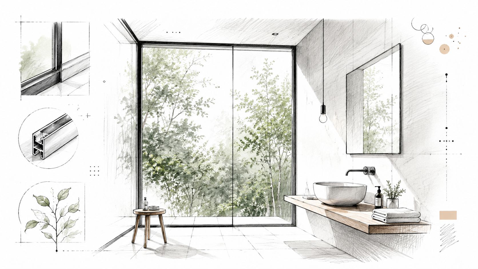 En elegant skitse af et moderne badeværelse med store vinduer, naturudsigt og minimalistisk indretning med trædetaljer.