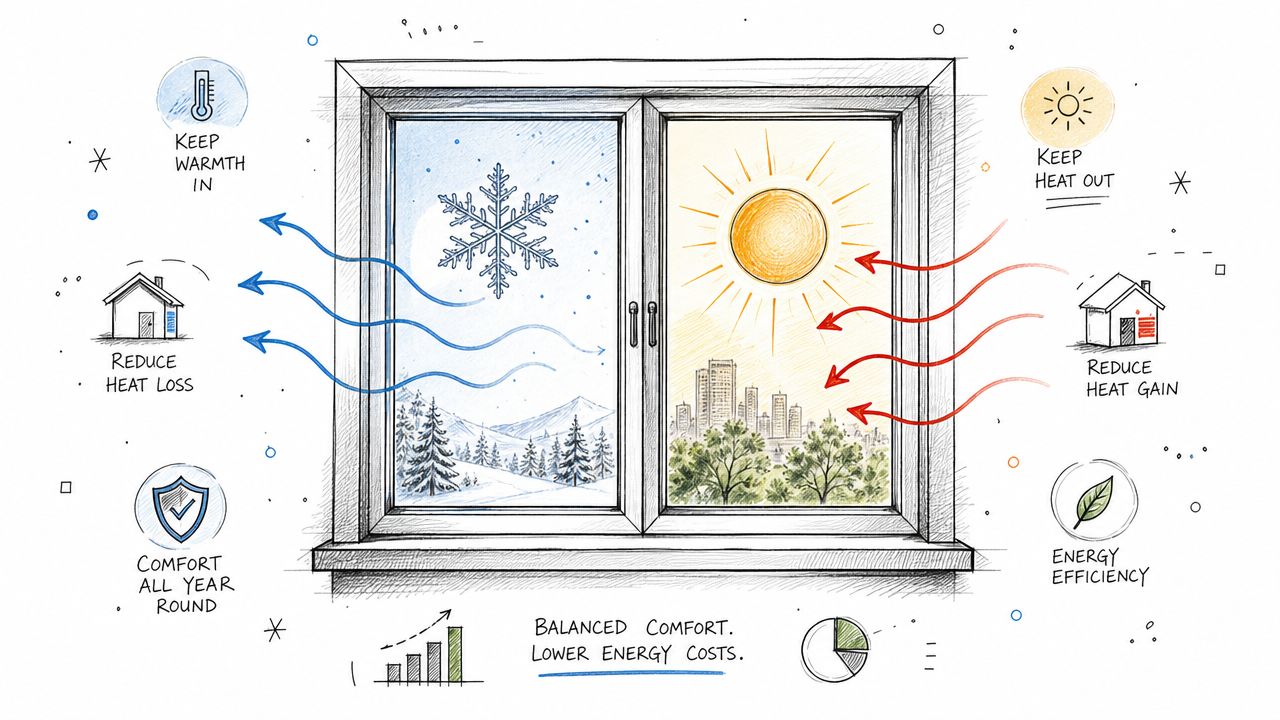 Illustration af energieffektive vinduer, der holder på varmen om vinteren og ude om sommeren for bedre komfort.