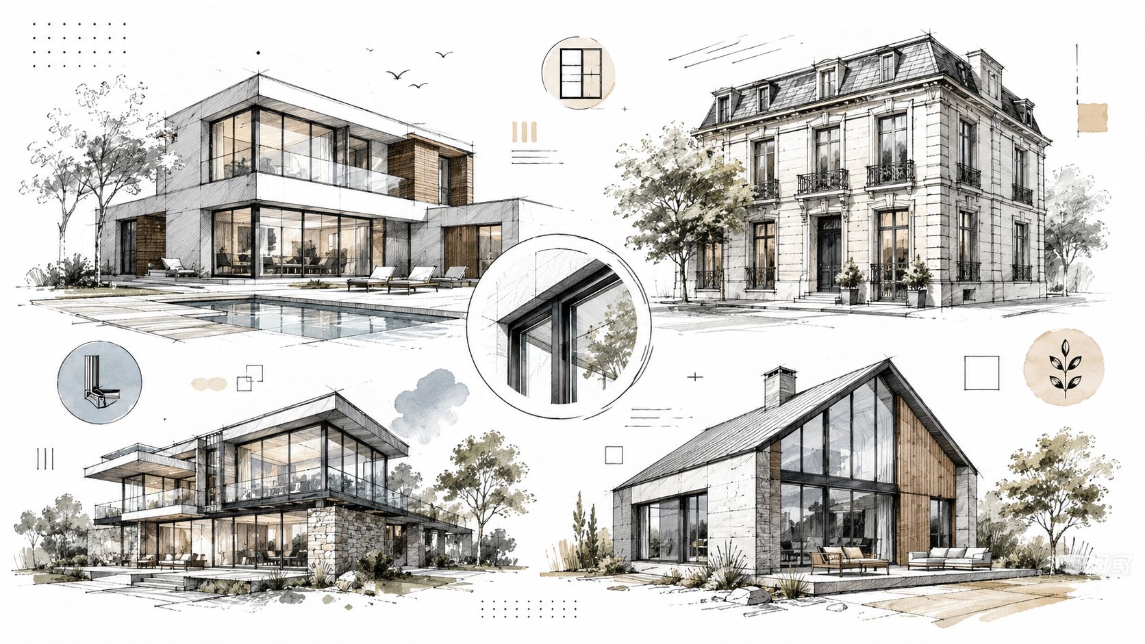 Skitser af fire forskellige moderne og klassiske huse med fokus på arkitektoniske detaljer og vinduespartier.