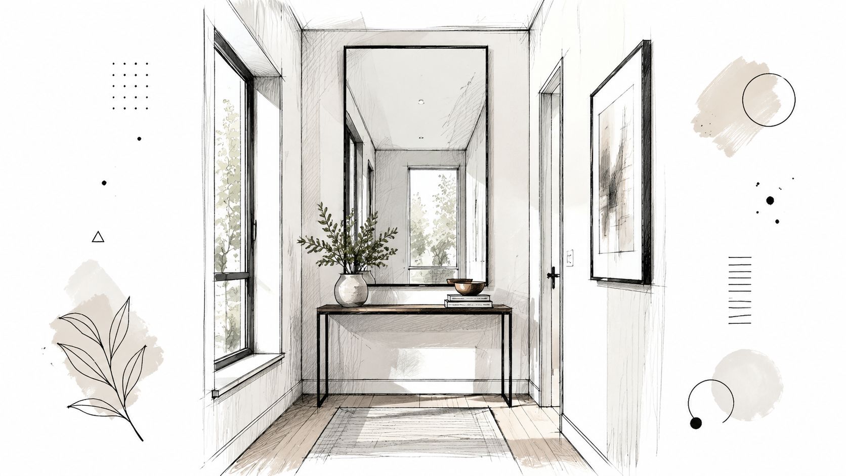 En smuk skitse af en moderne smal gang med et konsolbord, spejl og elegant minimalistisk boligindretning.