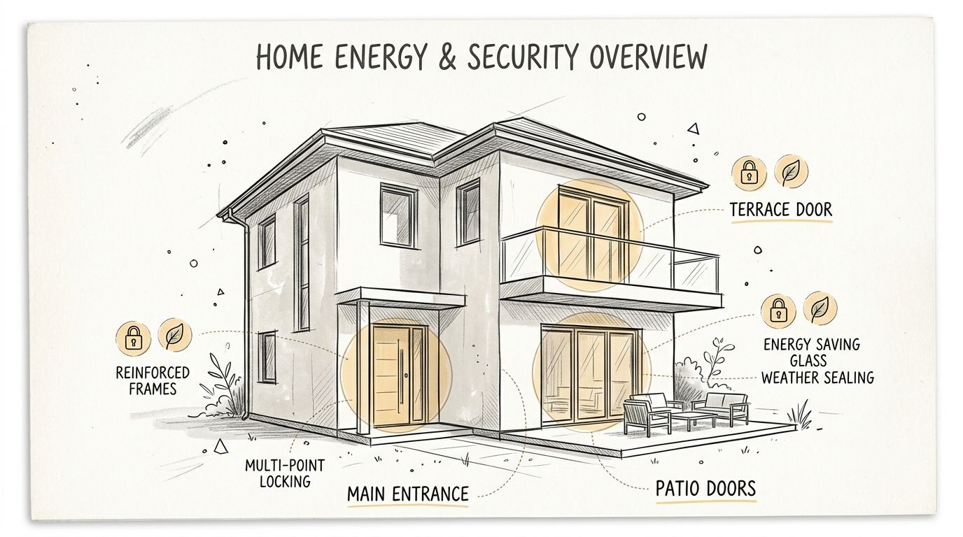 Illustration af et hus, der fremhæver energibesparende døre, sikre rammer og moderne låsesystemer for øget sikkerhed.