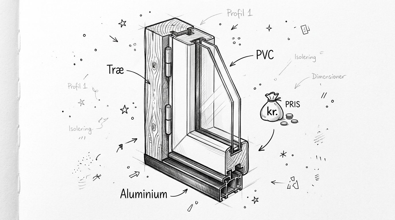 Illustration af en vinduesprofil med materialerne træ, aluminium og PVC vist med tydelige mærkattekster.