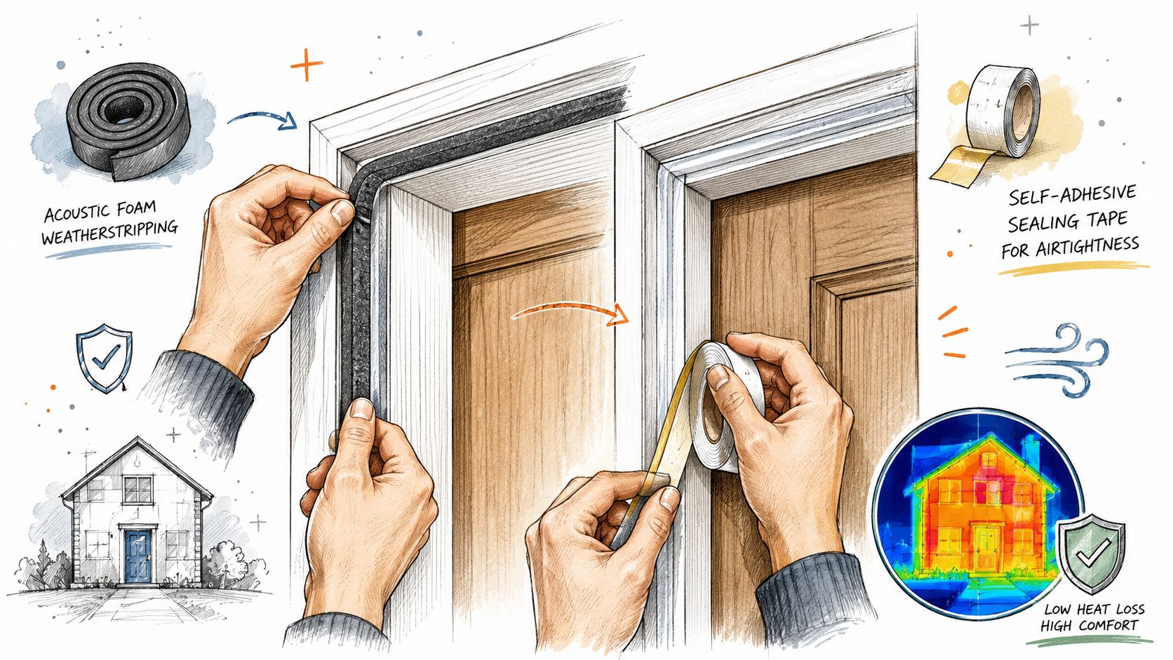 Illustration af installation af akustisk skumtætningsliste og selvklæbende tætningstape på en dørkarm for bedre isolering af hjemmet.