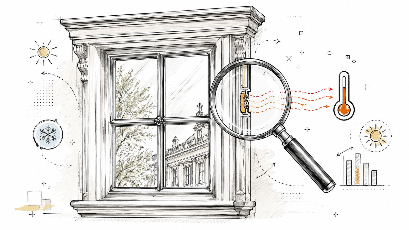 En detaljeret illustration af et klassisk vindue til patriciervilla med fokus på varmeisolering og energieffektivitet.