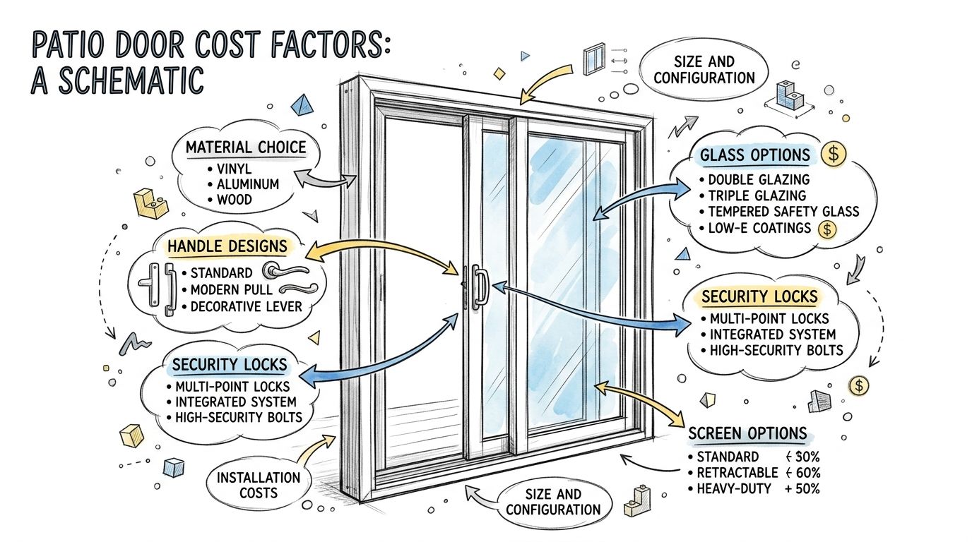 En infografisk illustration der viser de vigtigste faktorer, der påvirker prisen på en ny terrassedør.