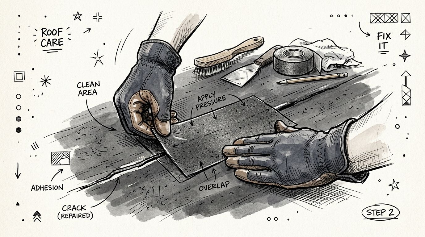 En illustreret vejledning der viser, hvordan man reparerer en revne i tagpap ved hjælp af lappeteknik.