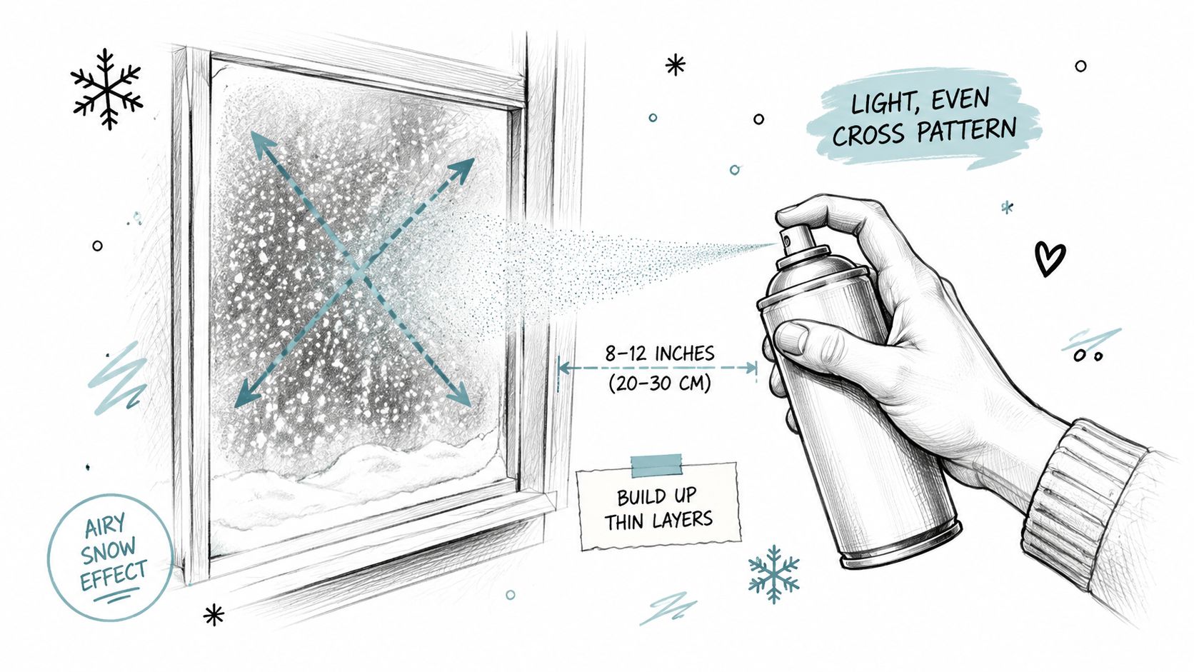 En illustration der viser, hvordan man påfører snespray på et vindue med et jævnt krydsmønster.