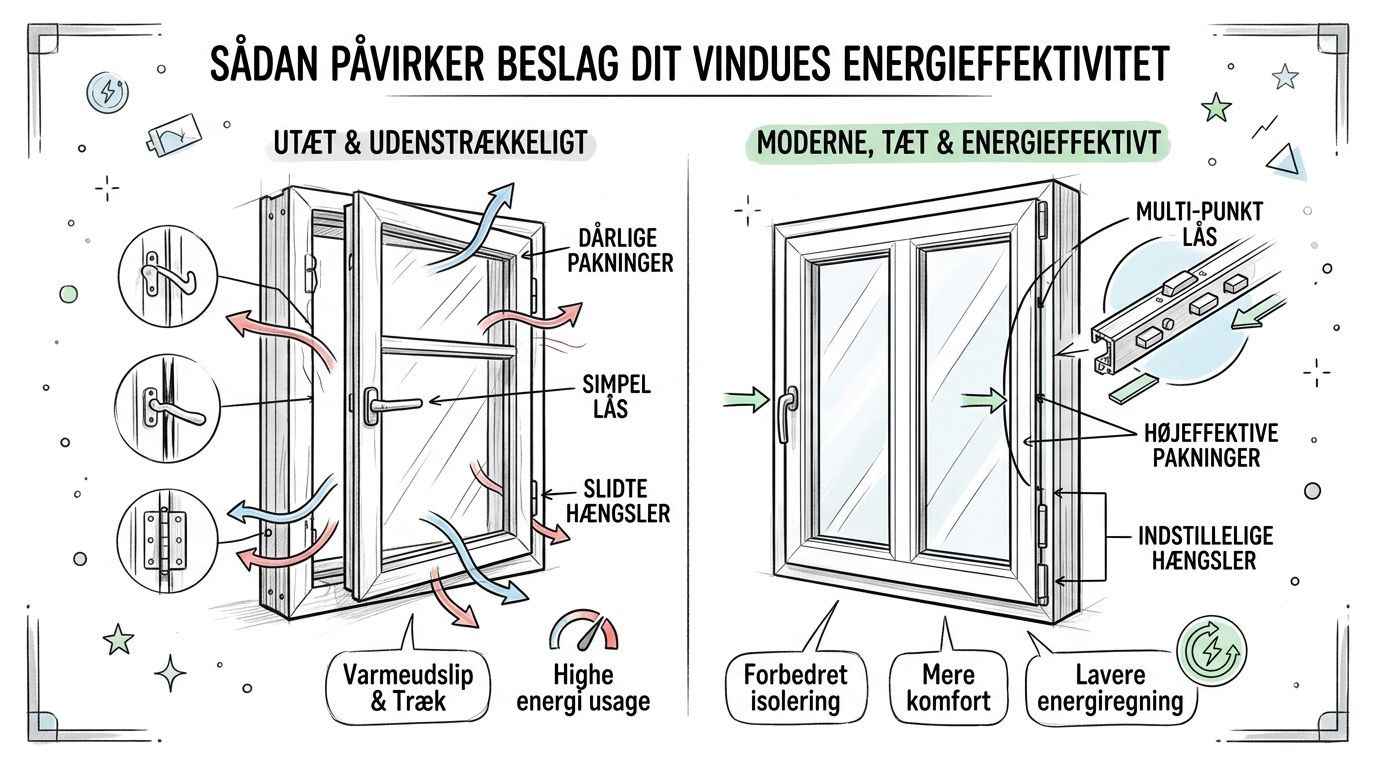 En sammenligningsillustration af vinduesbeslag, der viser forskellen på utætte vinduer og moderne energieffektive vinduer med tætsluttende låsesystemer.