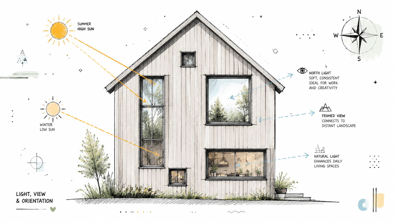 Illustration af et hus med fokus på vinduer i gavl og optimal placering i forhold til sollys.