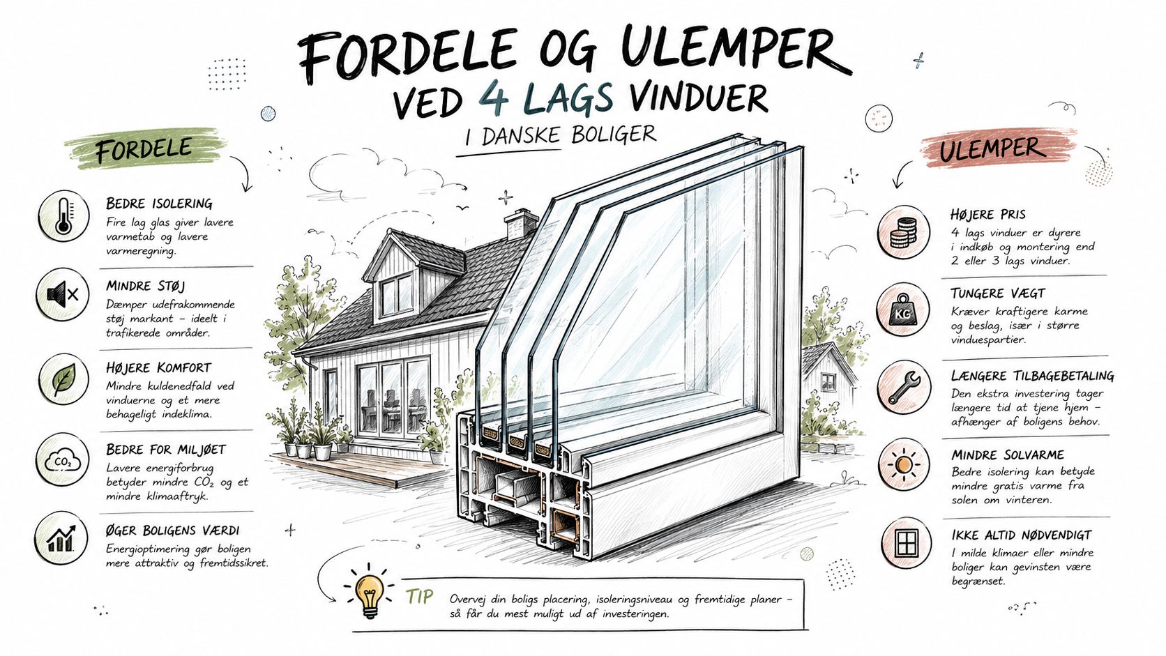 En infografik der viser fordele og ulemper ved at installere 4-lags vinduer i danske boliger.