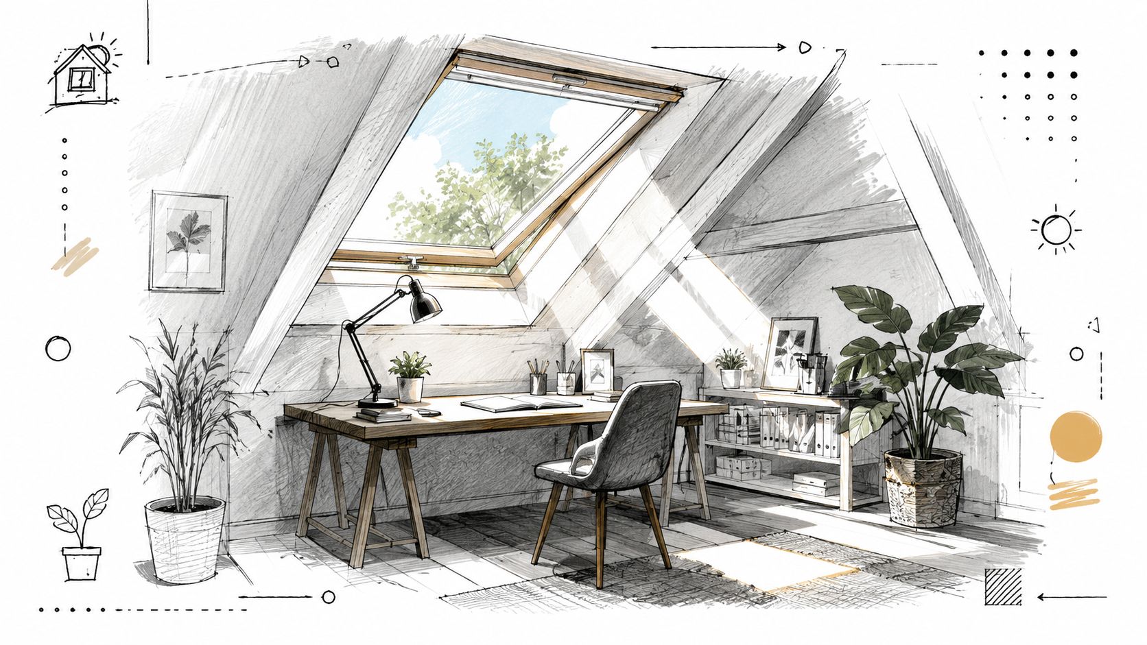 Et lyst og indbydende hjemmekontor indrettet i en hyggelig taglejlighed med ovenlysvindue, skrivebord og grønne planter.