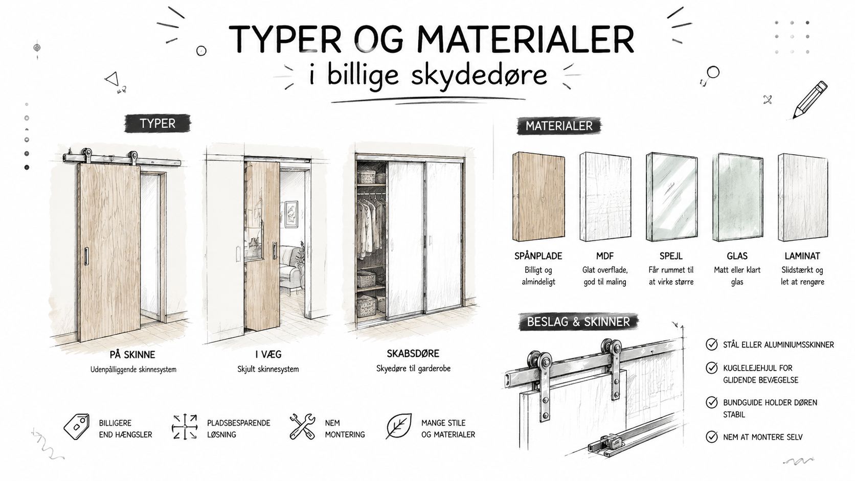 En guide til typer og materialer i billige skydedøre, der viser installation, materialevalg og monteringsmuligheder i hjemmet.