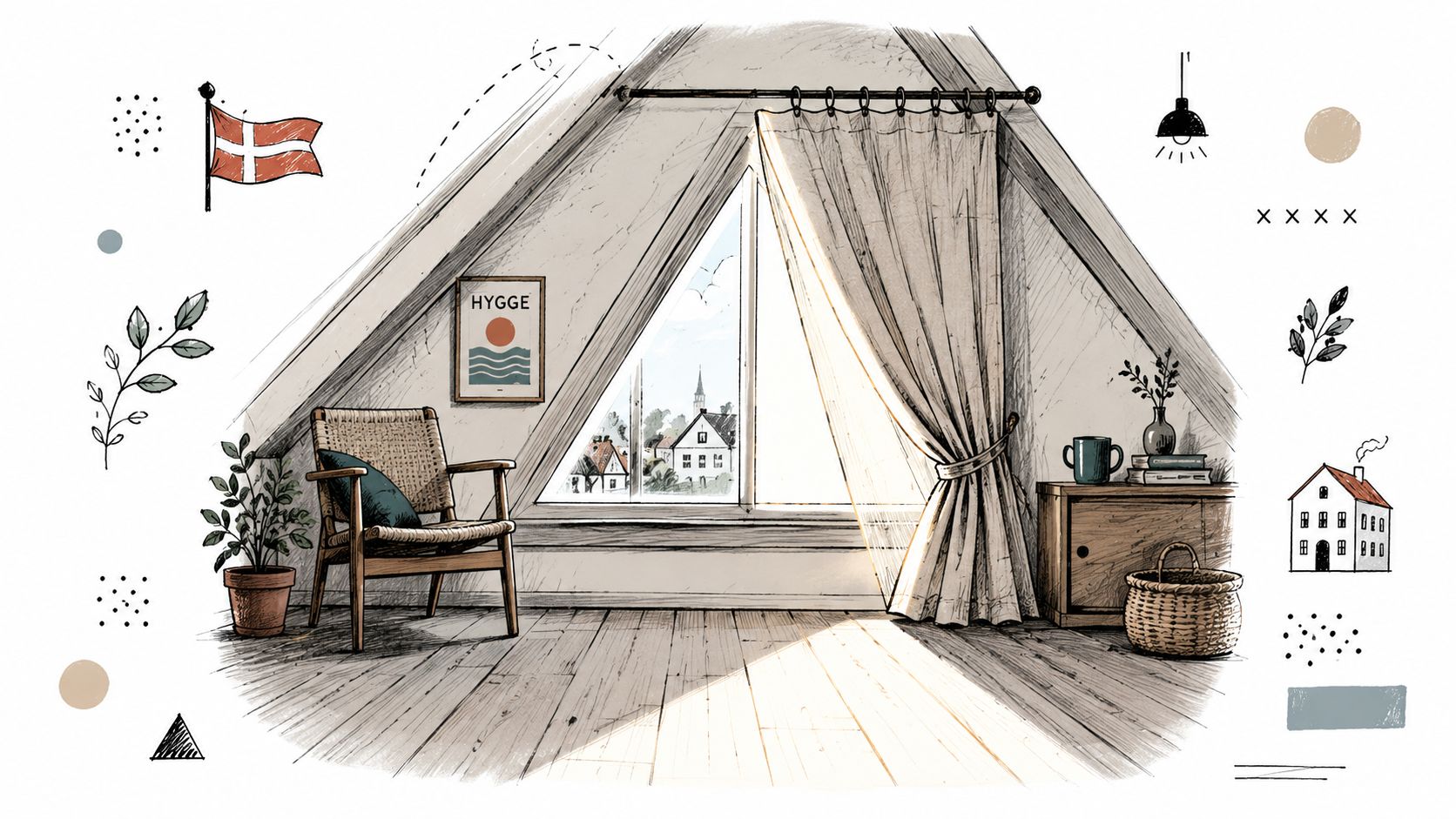En hyggelig dansk loftstue med et trekantet vindue, en træstol, gardiner og en afslappende atmosfære.