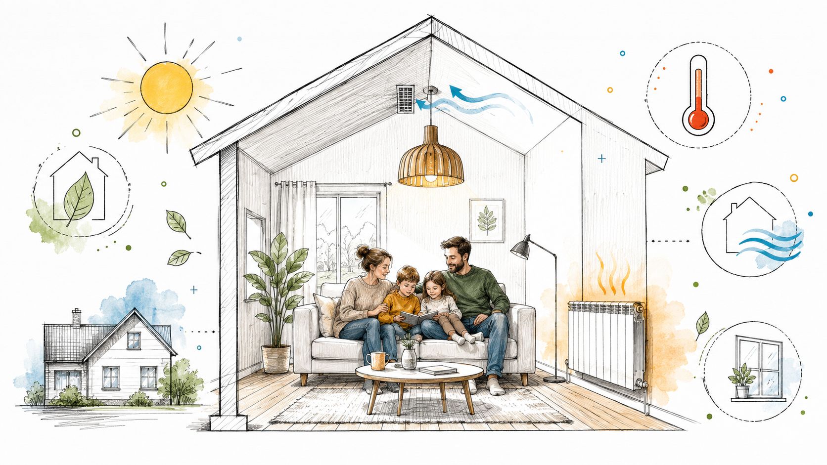 En glad familie sidder i stuen i et energieffektivt hus med fokus på bæredygtig opvarmning og ventilation.