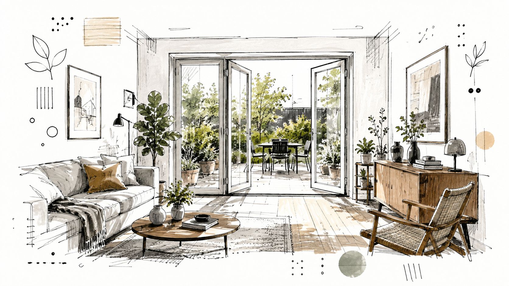 En elegant tegning af en moderne stue med store glasdøre, der åbner op til en grøn have.