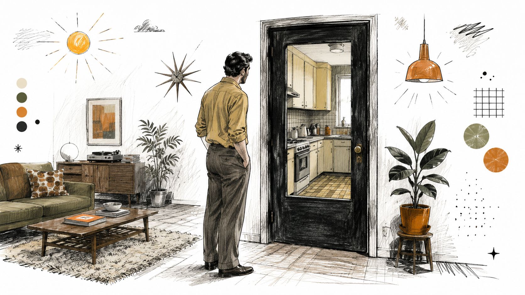 En mand står og kigger ind i et køkken gennem en mørk ramme i en stilfuld moderne stue.