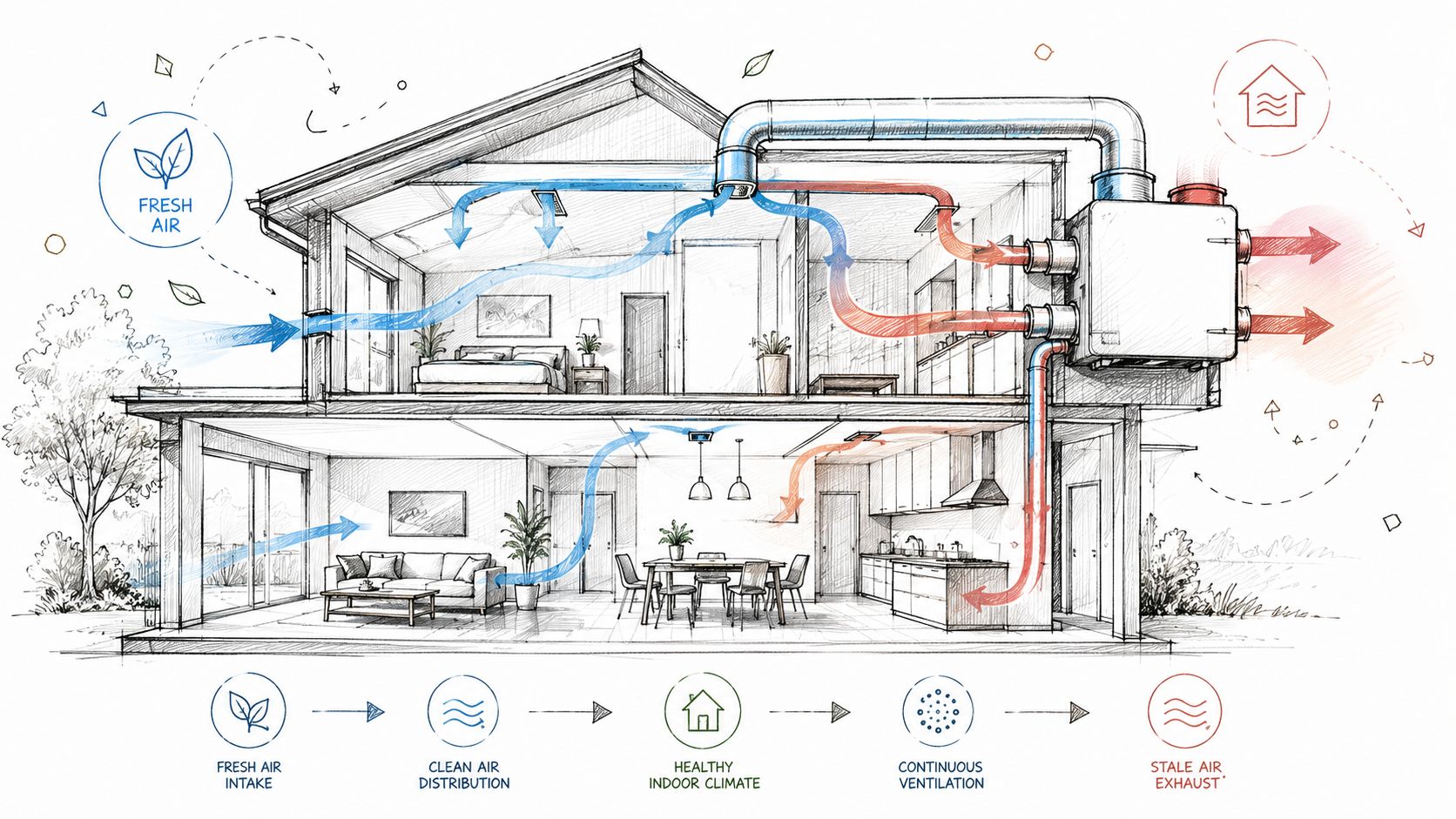 Illustration af et ventilationssystem med varmegenvinding, der sikrer frisk luft og sundt indeklima i et moderne hus.