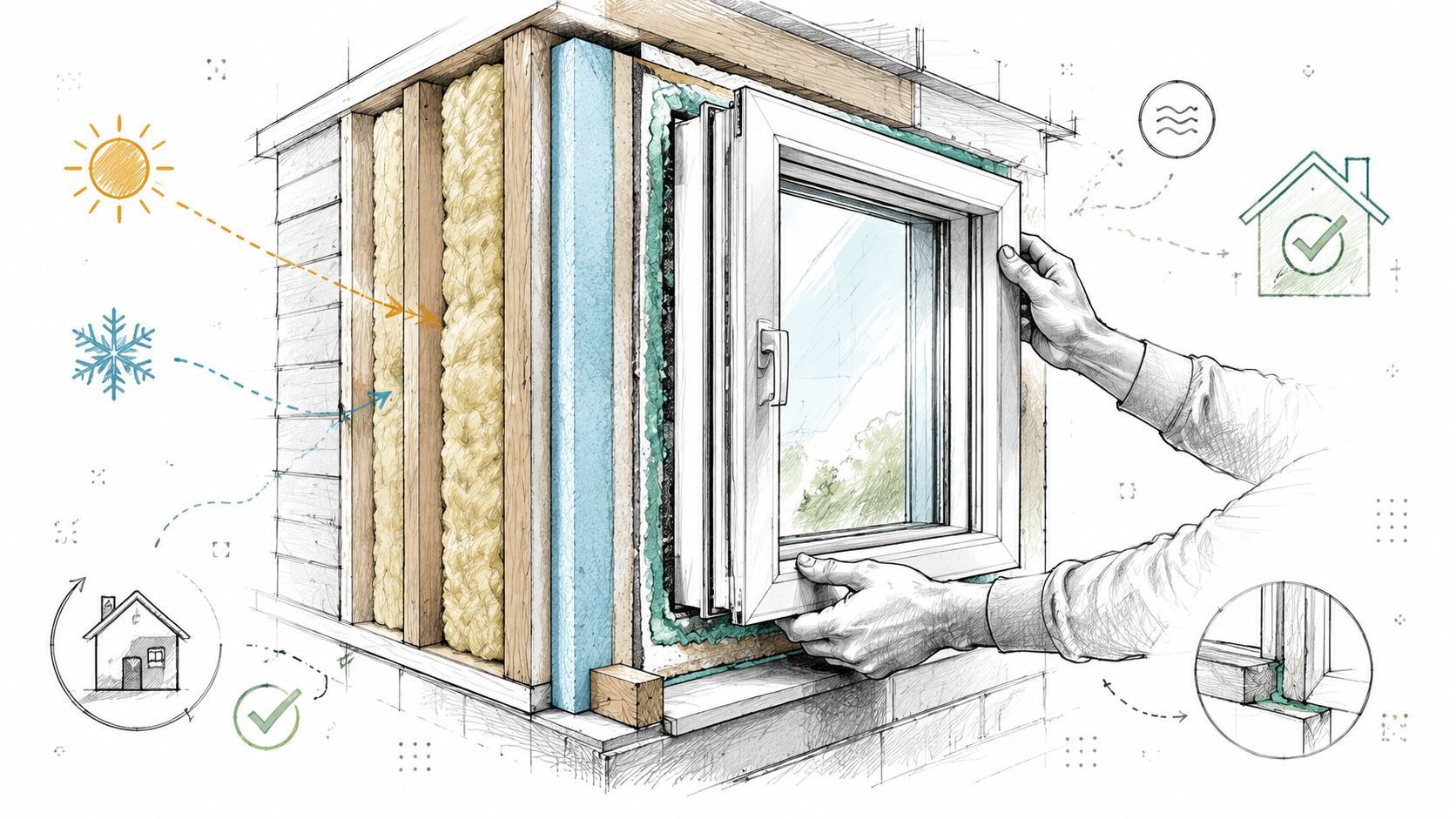 En detaljeret illustration af professionel montering af energieffektive vinduer i en isoleret vægkonstruktion til boligforbedring.
