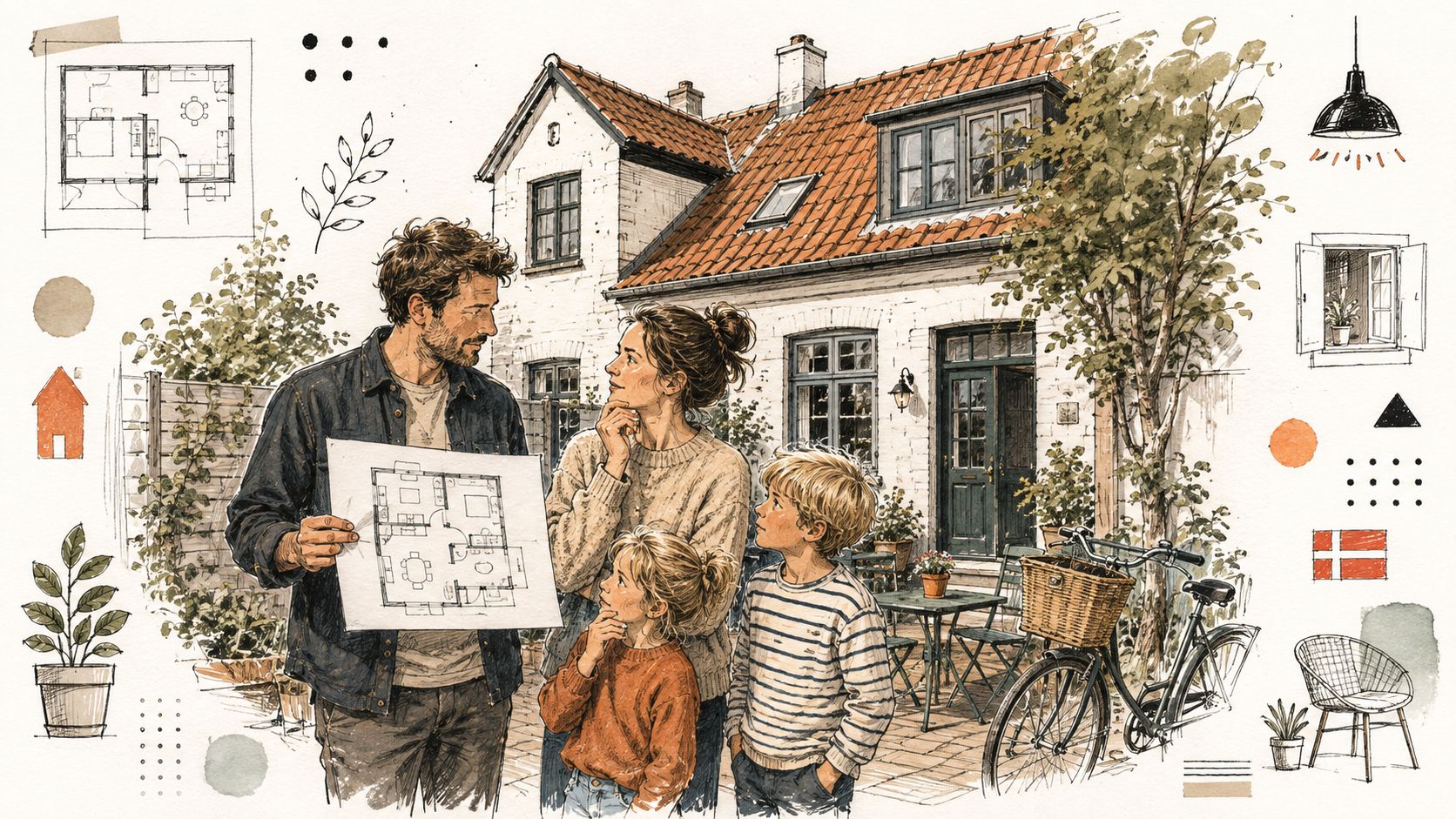 Familie planlægger udskiftning af vinduer og døre på gammelt hus.