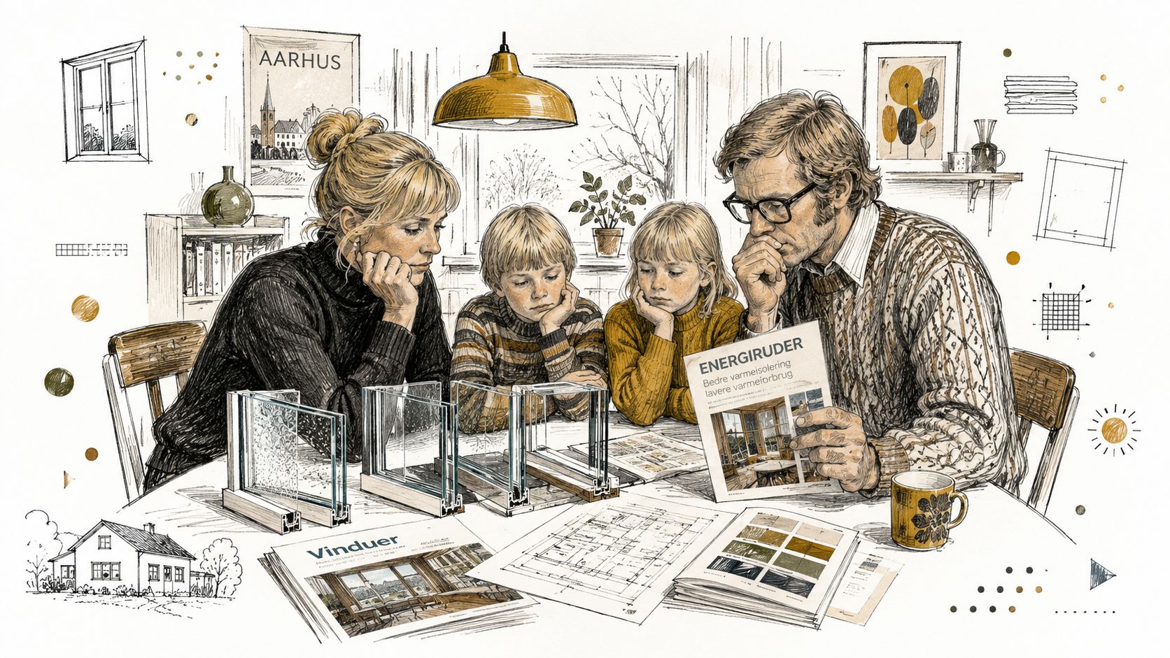 Familie sidder ved et bord og gennemgår information og prøver på nye energieffektive vinduer til deres hjem.