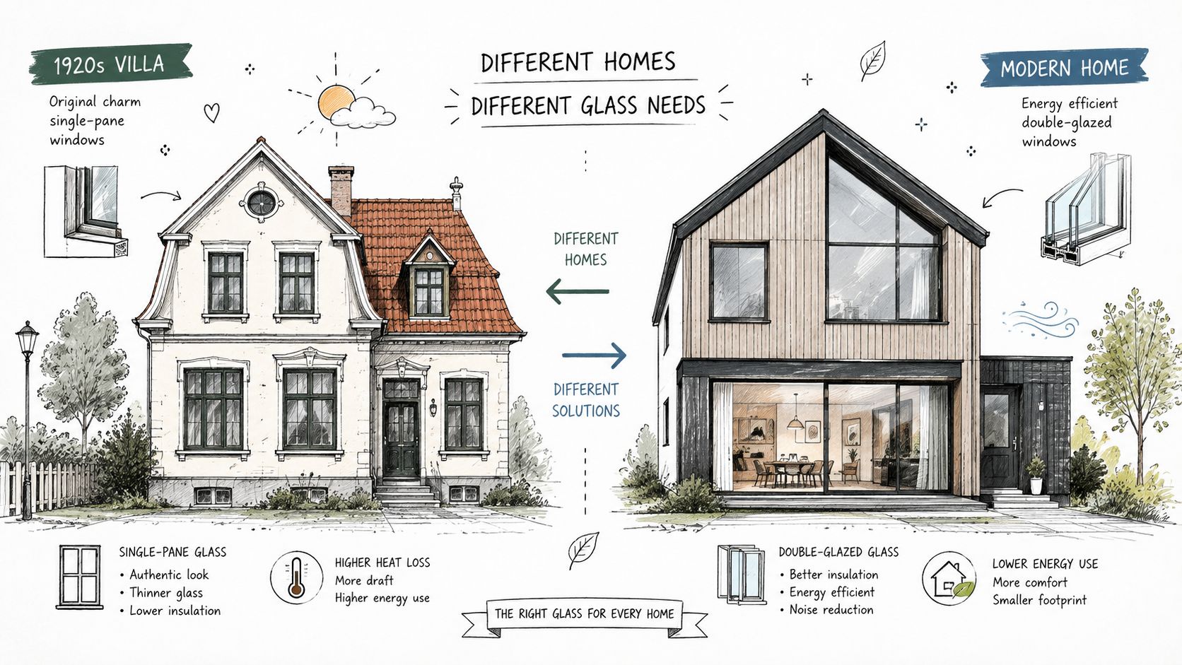 Illustration der sammenligner vinduesglas til en klassisk villa fra 1920'erne og et moderne, energieffektivt hjem.