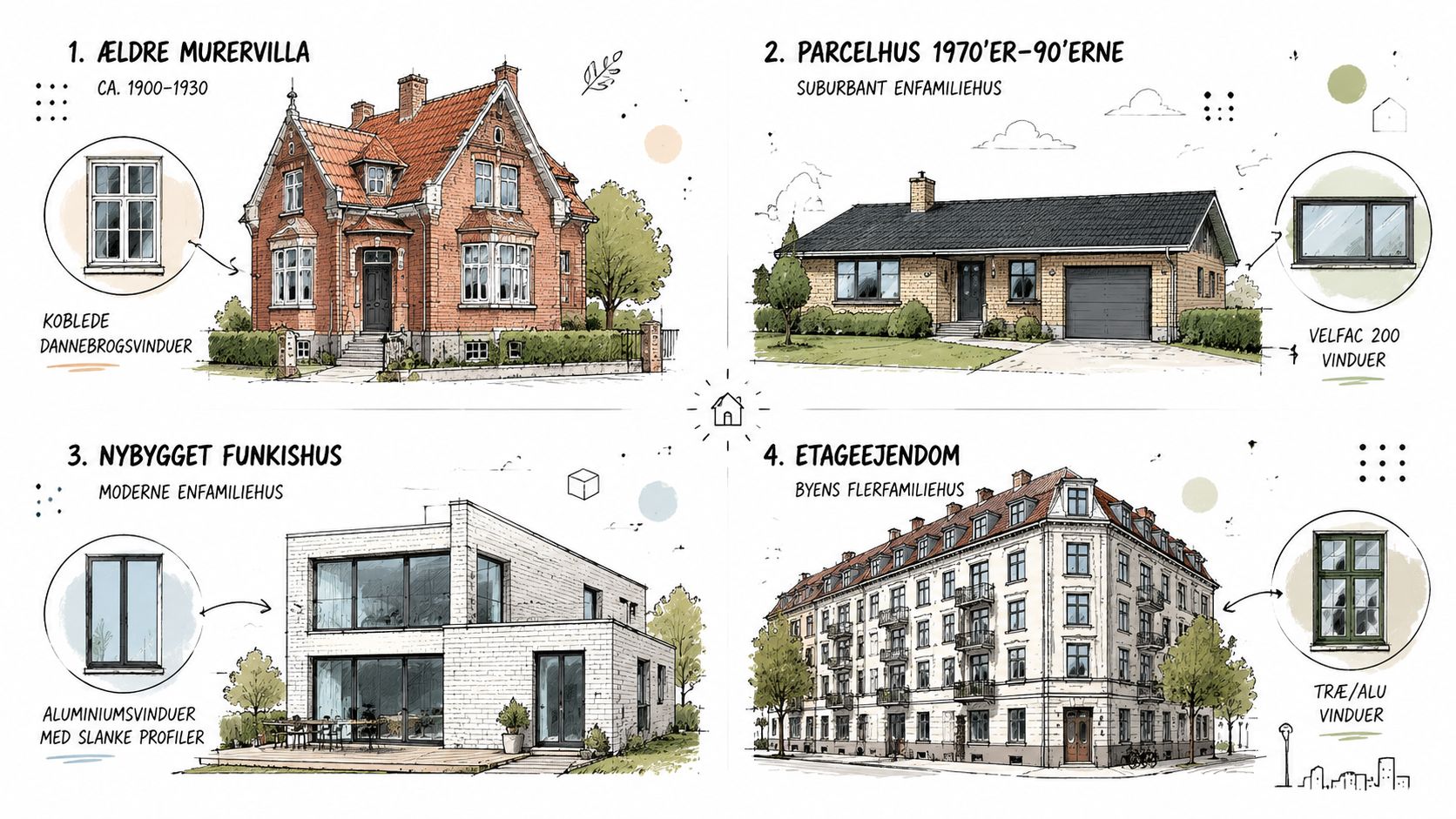Illustration af fire forskellige boligtyper med tilhørende vinduestyper, inklusive murervilla, parcelhus, funkishus og etageejendom i Danmark.