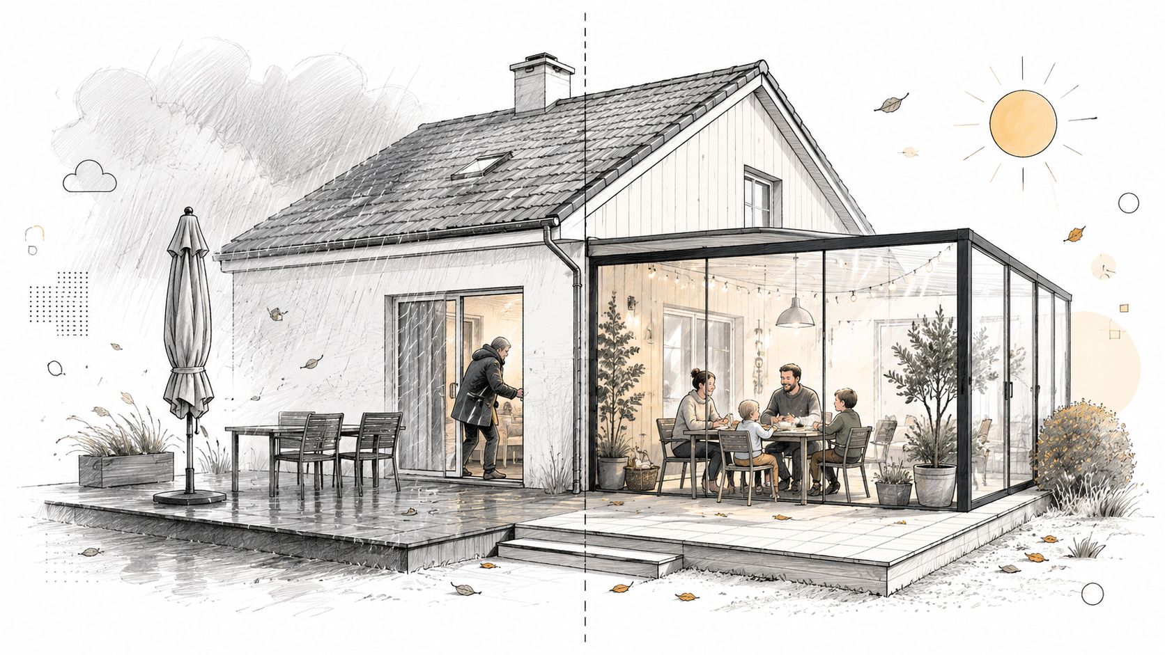 Illustration af et hus delt i to, der viser komforten ved en lukket glasterrasse under regnvejr.