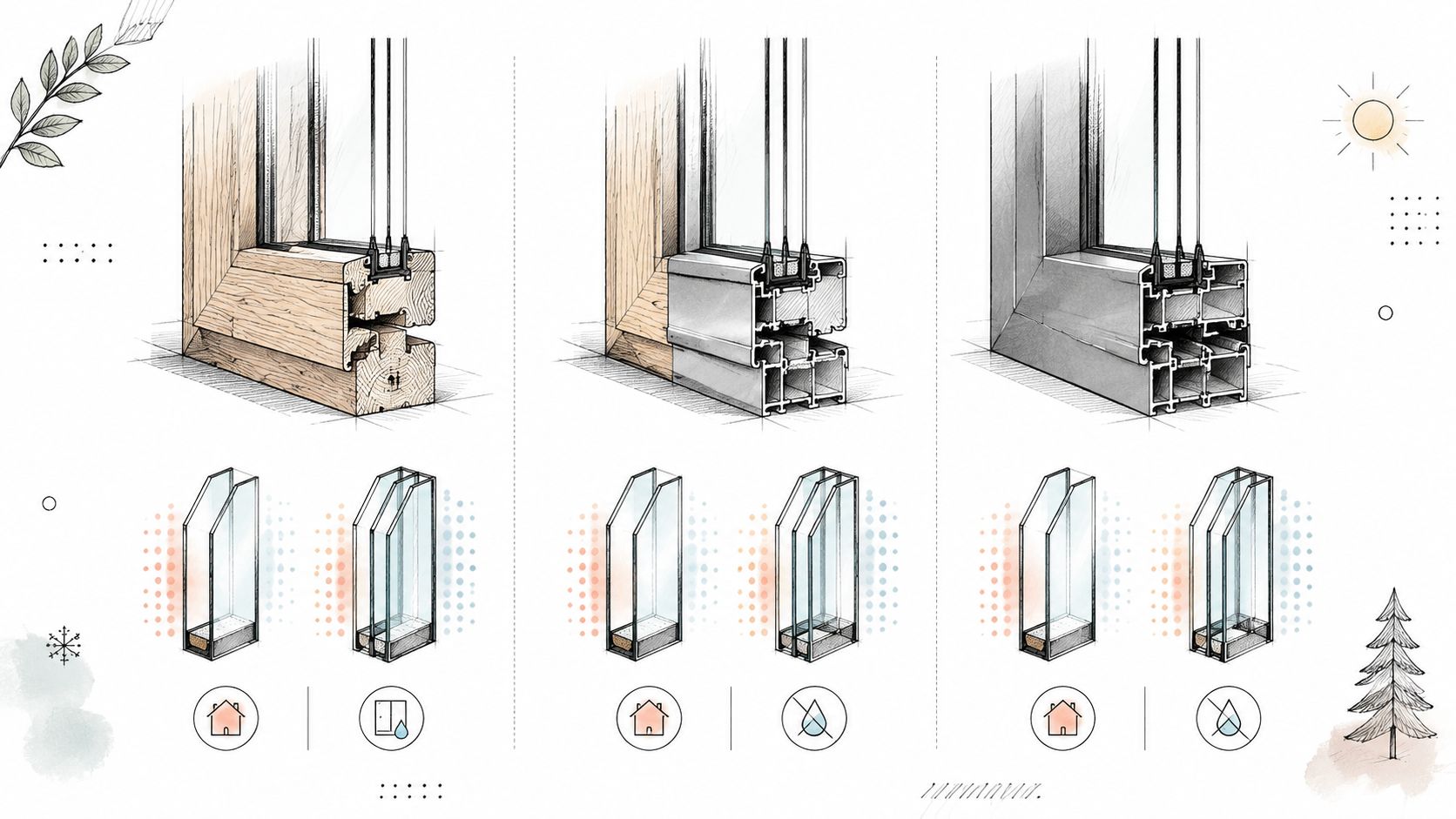 Tegning af tre forskellige vinduesrammetyper, der viser konstruktioner i træ, træ-aluminium og aluminium med isolerede glaspartier til terrasse.