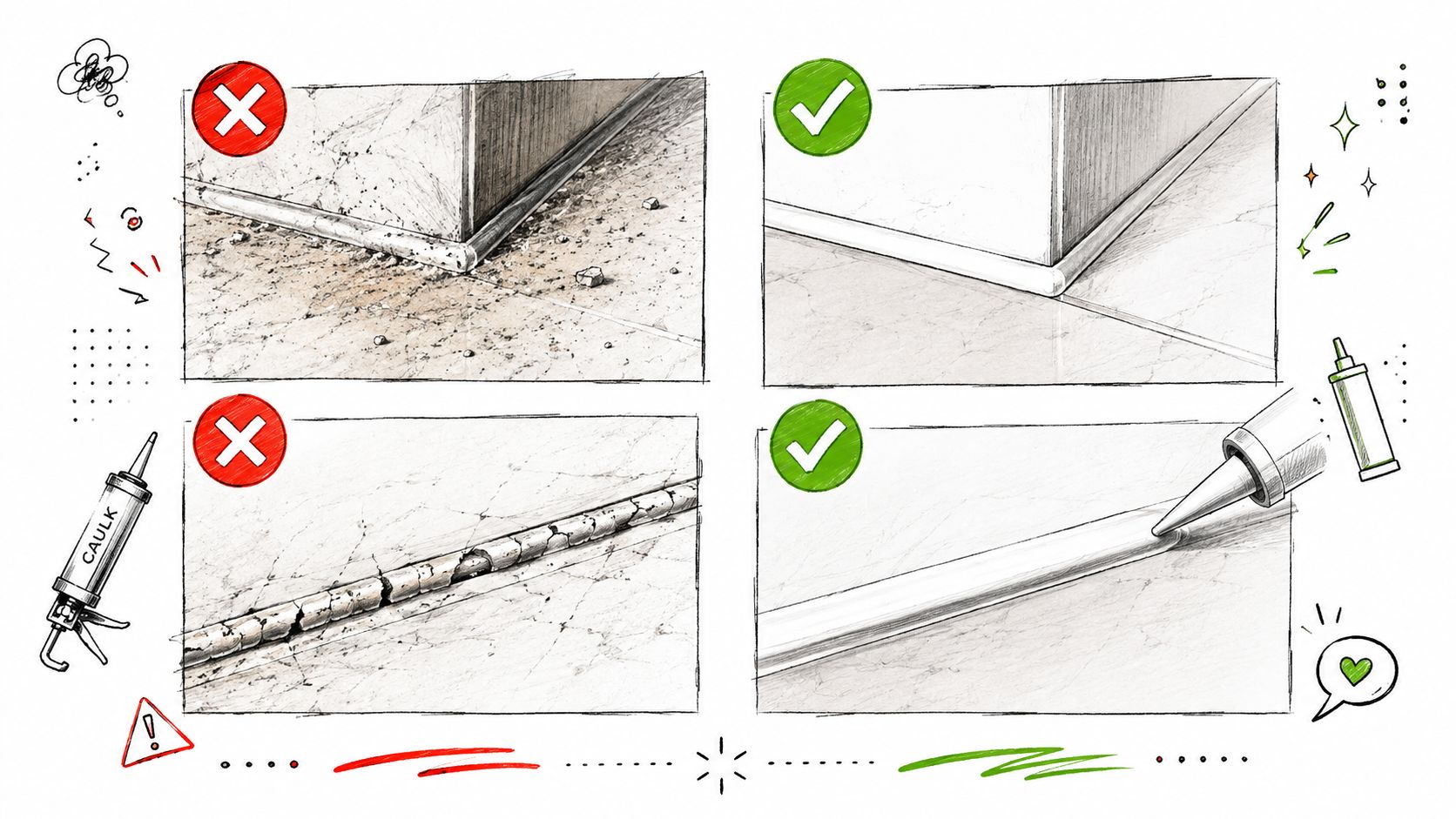 Illustration der viser korrekt og ukorrekt fremgangsmåde ved fugning af paneler og gulve for et pænt resultat.