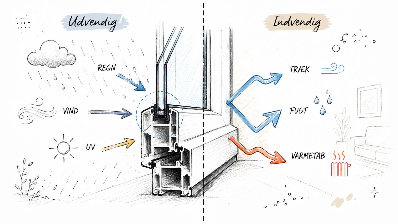 Illustration af vinduesprofil der viser beskyttelse mod vejrforhold udvendigt og isolering mod træk, fugt og varmetab indvendigt.