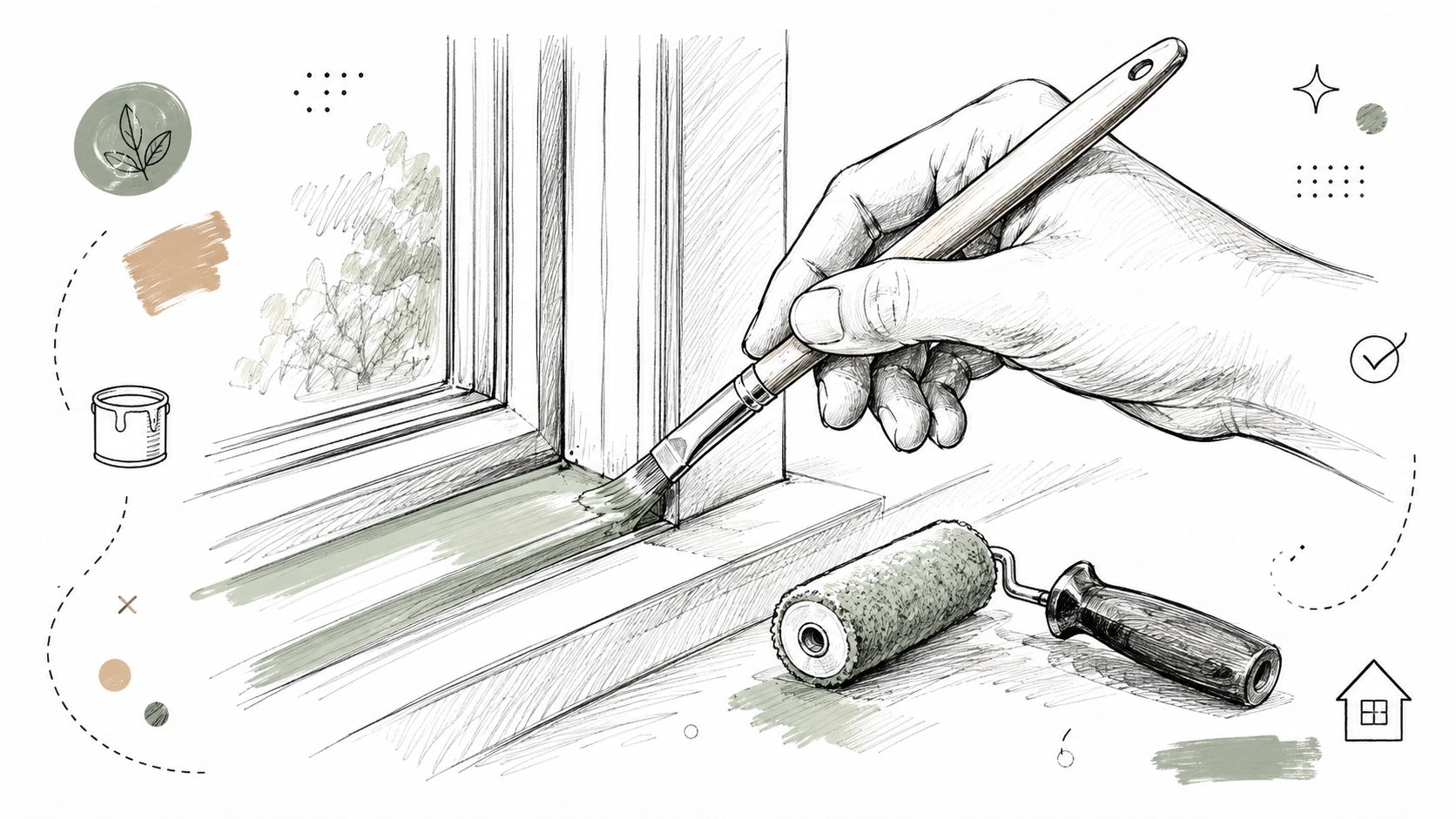 En detaljeret illustration af en hånd, der maler en vindueskarm med en pensel og malerrulle til rådighed.