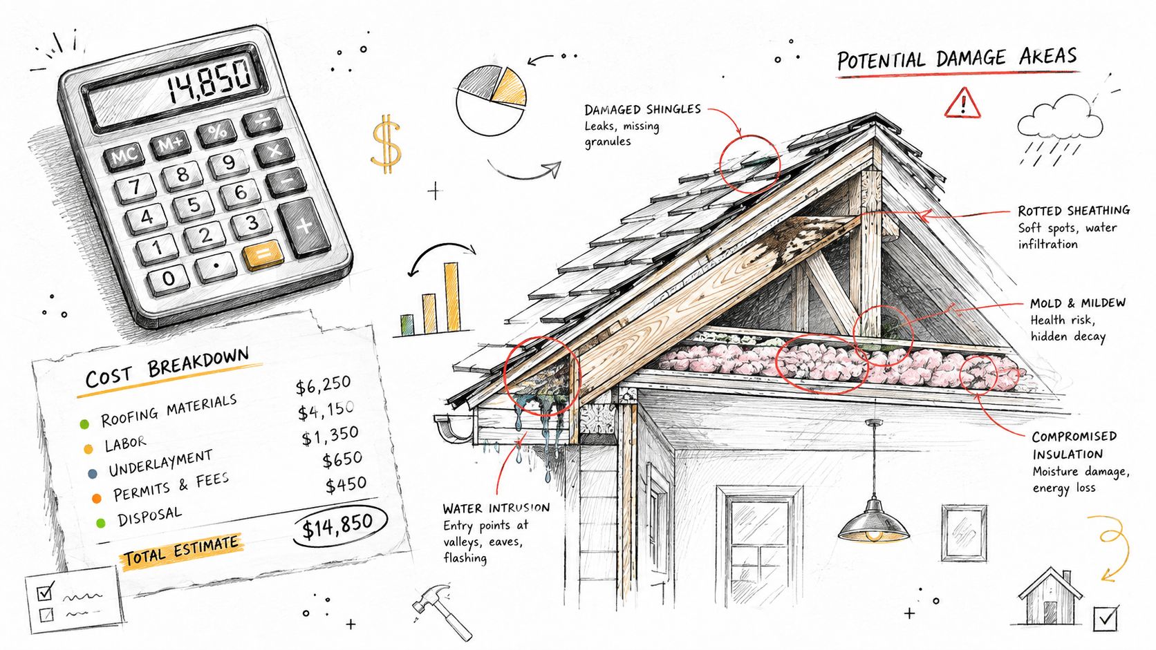 Illustration af tagskader med omkostningsestimat for udskiftning af undertag og reparation af tagkonstruktion vist med lommeregner.