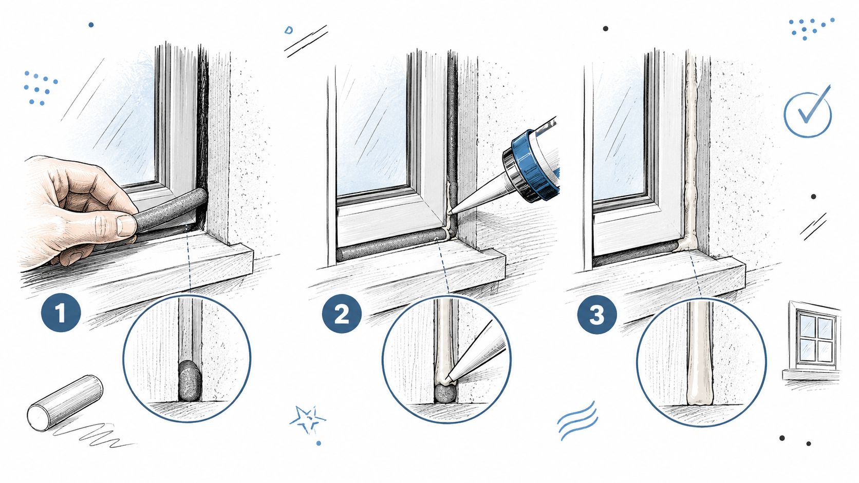 Illustration der viser tre trin til korrekt fugning af vinduer indvendigt ved brug af bagstop og fugepistol.