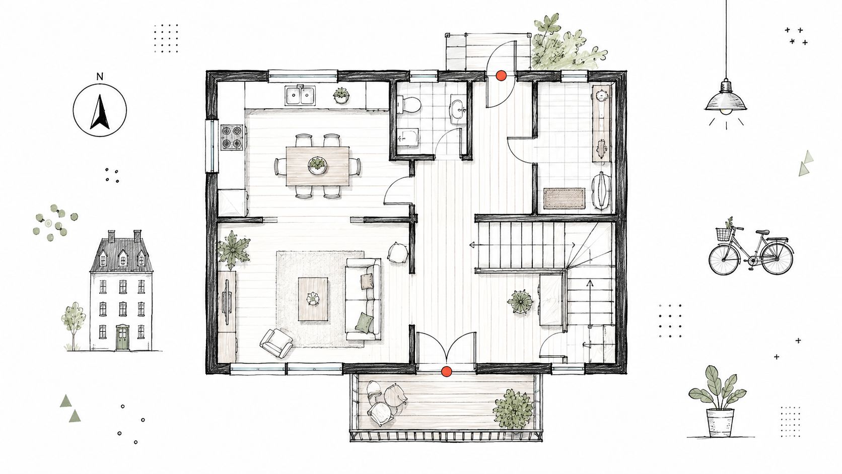 En detaljeret arkitektonisk plantegning af et moderne hjem med stue, køkken, trappe og en udendørs terrasse.