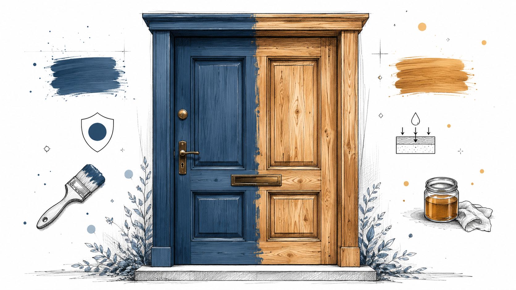 En splittet illustration af en hoveddør i massivt træ, der viser både malet blå finish og naturlig træfinish.