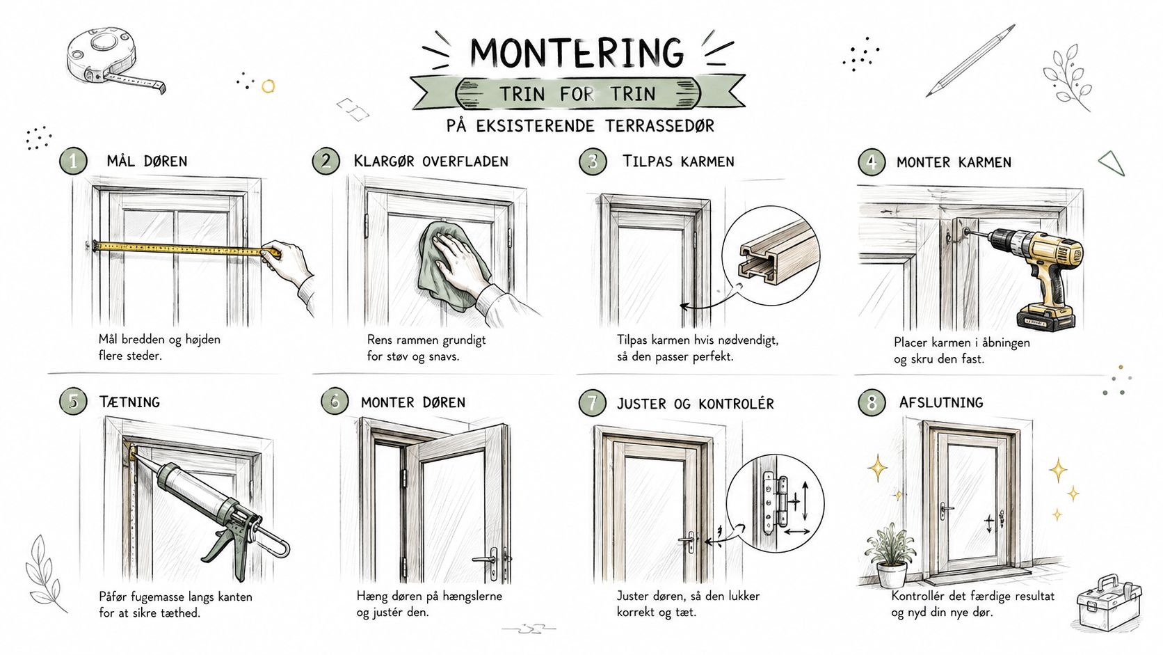 Illustration af otte trin til montering af en ny terrassedør, inklusive måling, klargøring, tilpasning og justering.