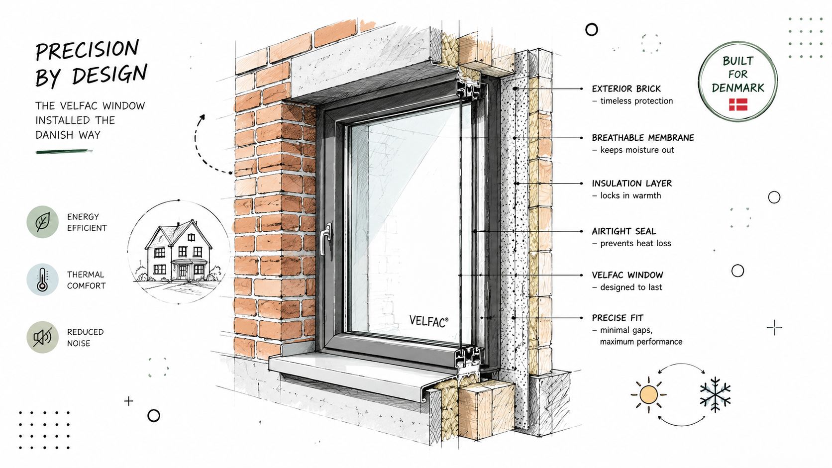 Tværsnitstegning af VELFAC vinduesmontering i en murstensvæg, der viser isolering, membran og præcis tætning for energieffektivitet.