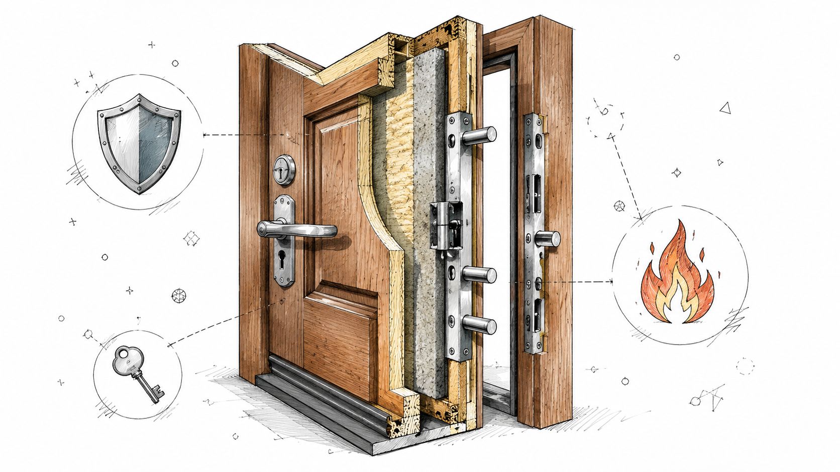En detaljeret illustration af en sikkerhedsdør i træ med isolering, låsemekanisme og brandbeskyttende egenskaber vist i tværsnit.