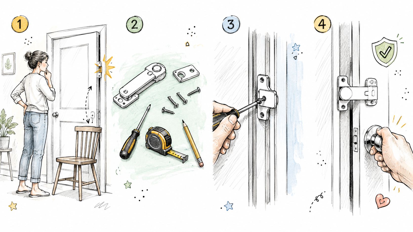 Illustration der viser de fire trin til montering af en sikkerhedslås på en dør for børnesikring.