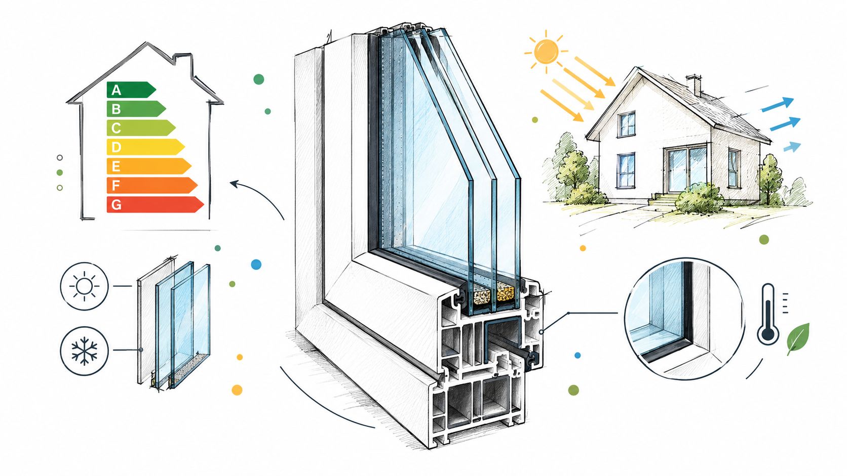 Illustration af energieffektive vinduer med termoruder og energimærkningsskala, der viser forbedret isolering for boliger.