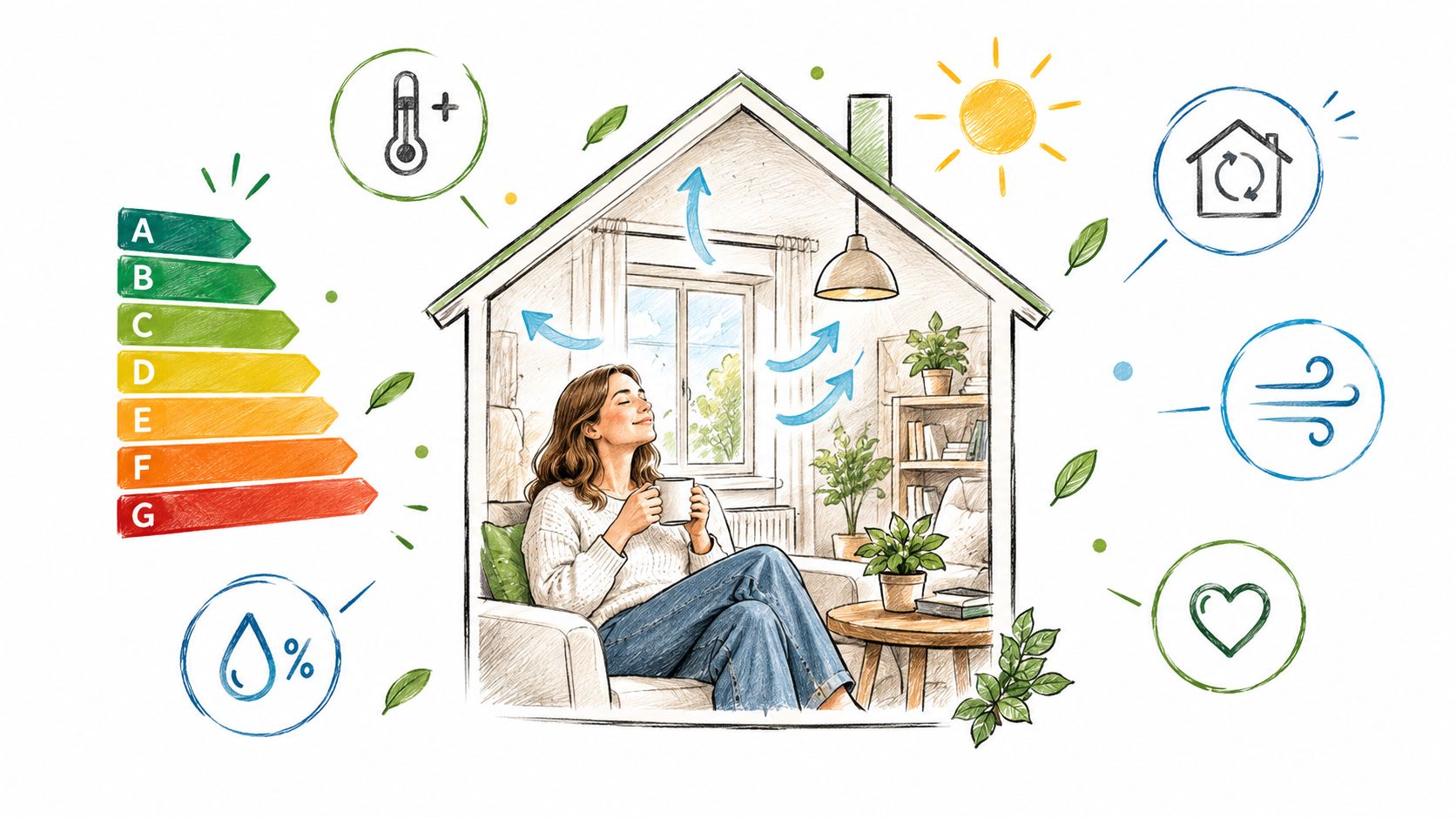 Illustration af en kvinde der slapper af i et energieffektivt hjem med fokus på indeklima og bæredygtighed.