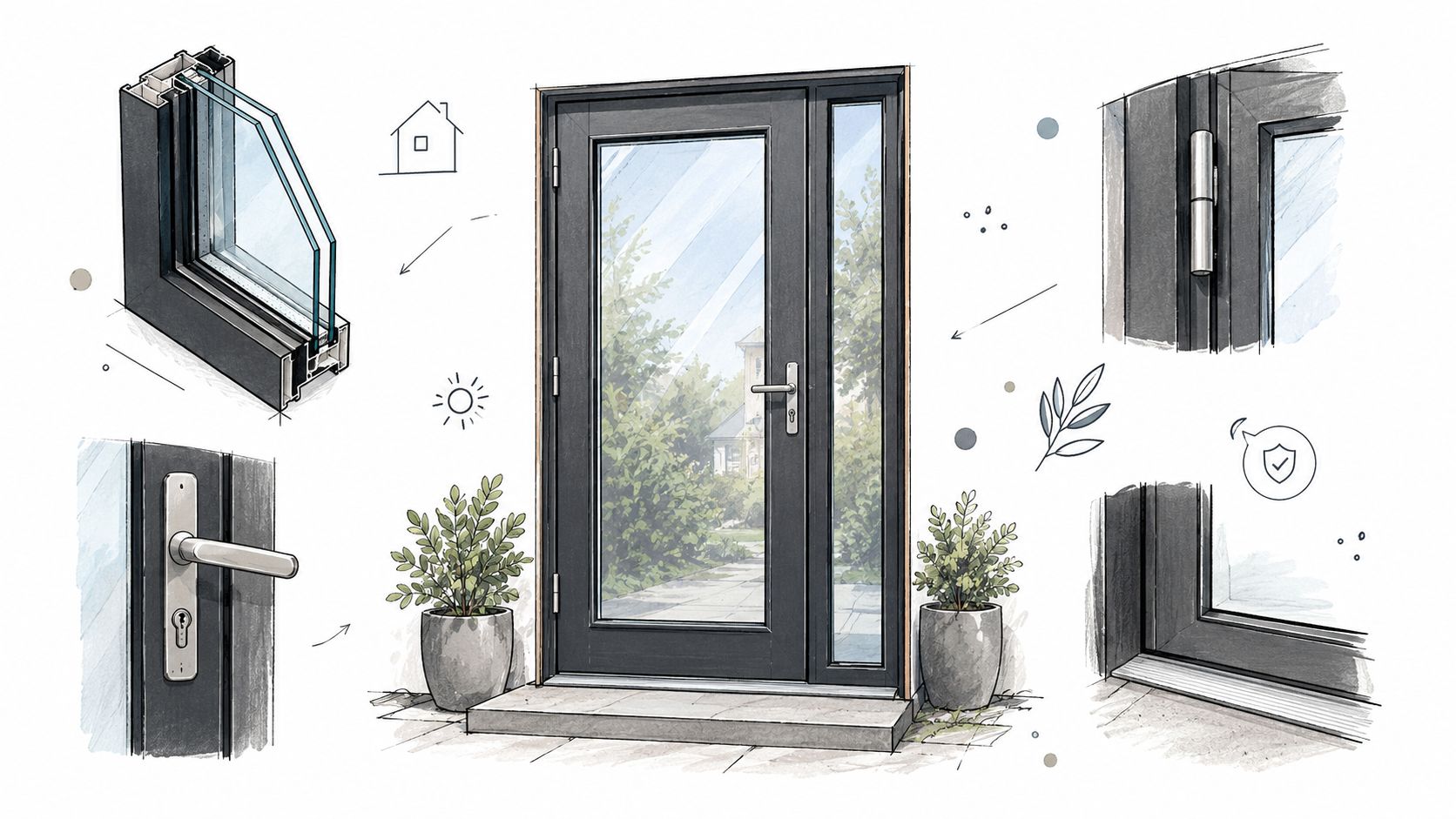 Illustration af en moderne facadedør med glas, inklusive detaljer af hængsler, dørhåndtag og vinduesprofiler til boligindretning.
