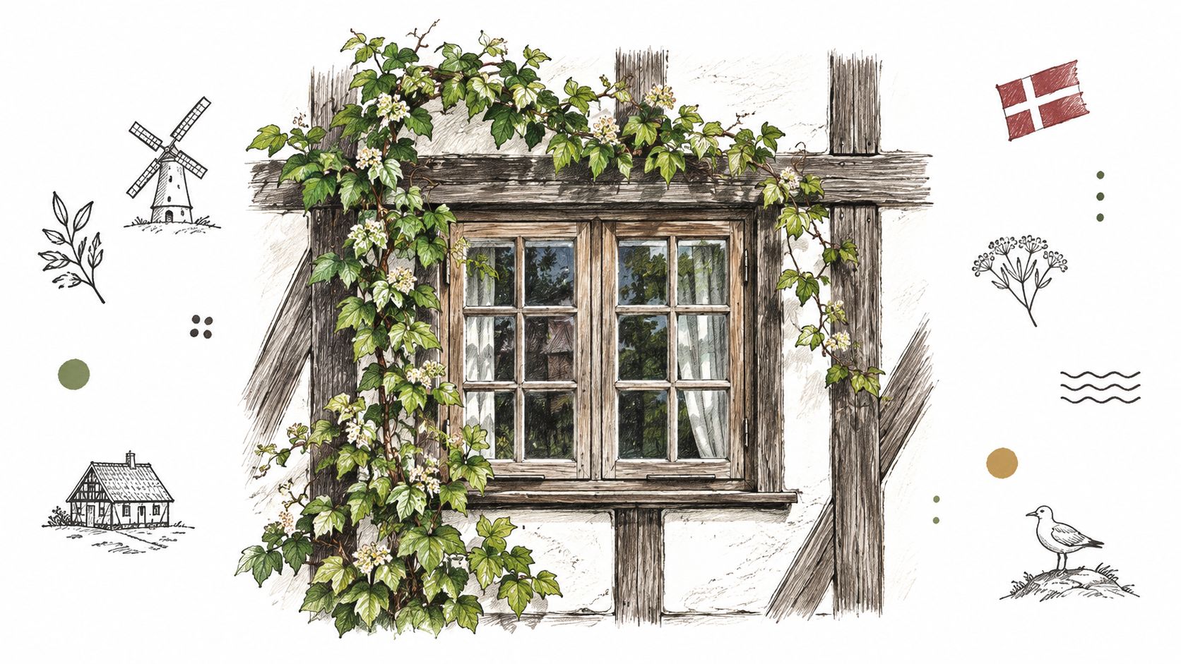 Illustration af et traditionelt bondehusvindue med bindplanter, en vindmølle og dansk flag i en hyggelig stil.
