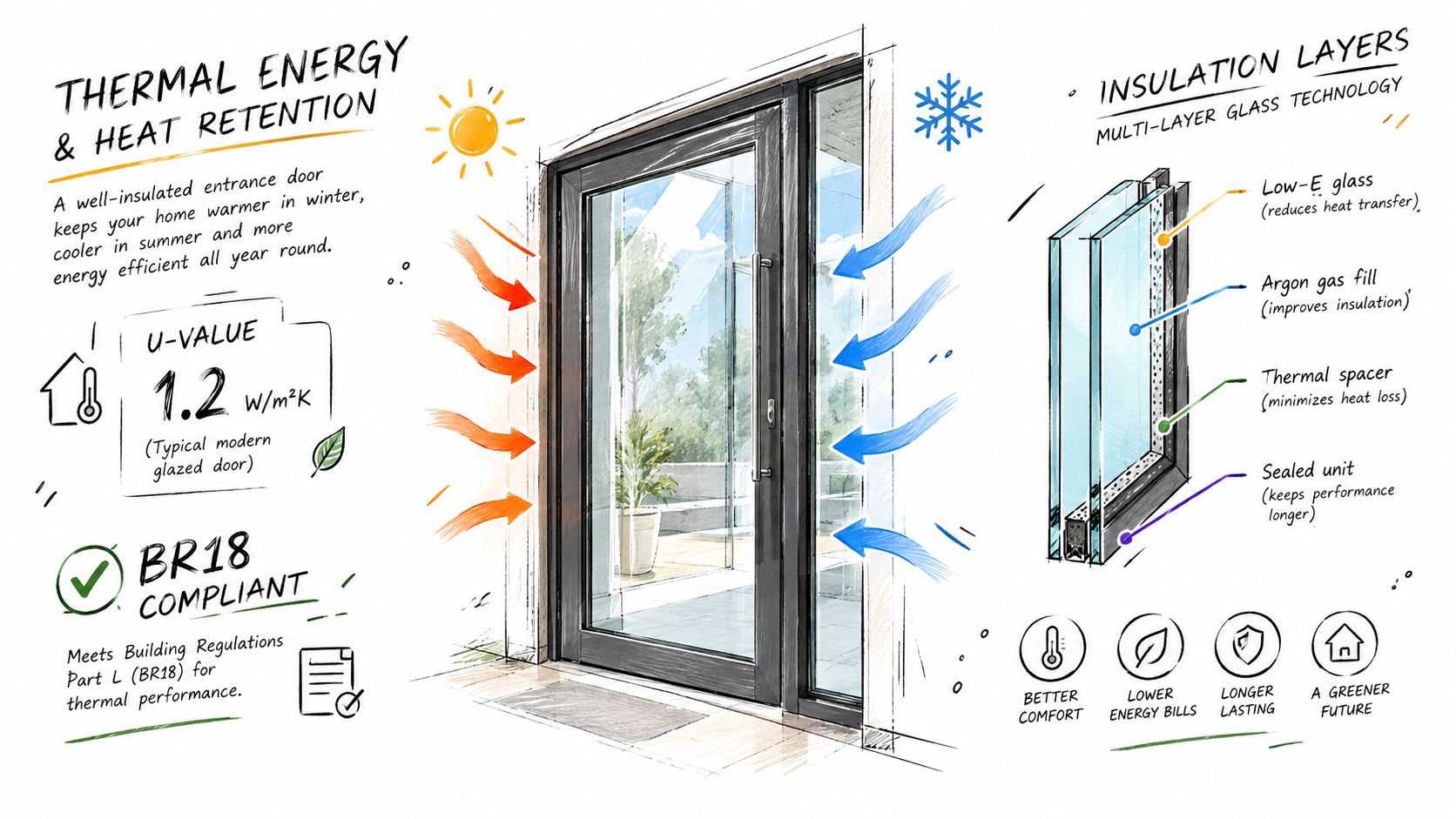 Illustration af en energieffektiv hoveddør med glas, der viser isoleringslag og fordele ved termisk ydeevne i boliger.