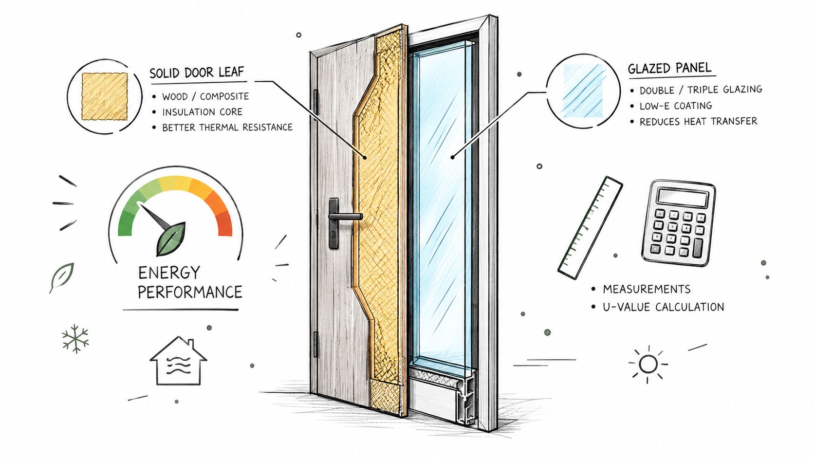 En illustration af en hoveddør med glas, der viser dens energieffektive komponenter og termiske isoleringsegenskaber.