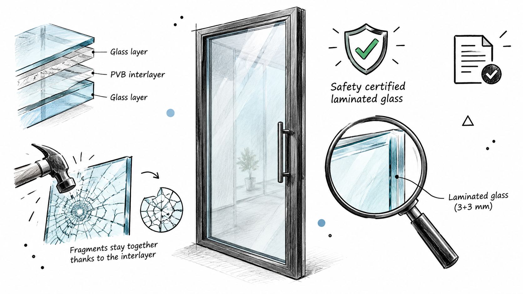 Illustration af lamineret sikkerhedsglas i en hoveddør, der viser hvordan glasset holdes sammen efter et slag.