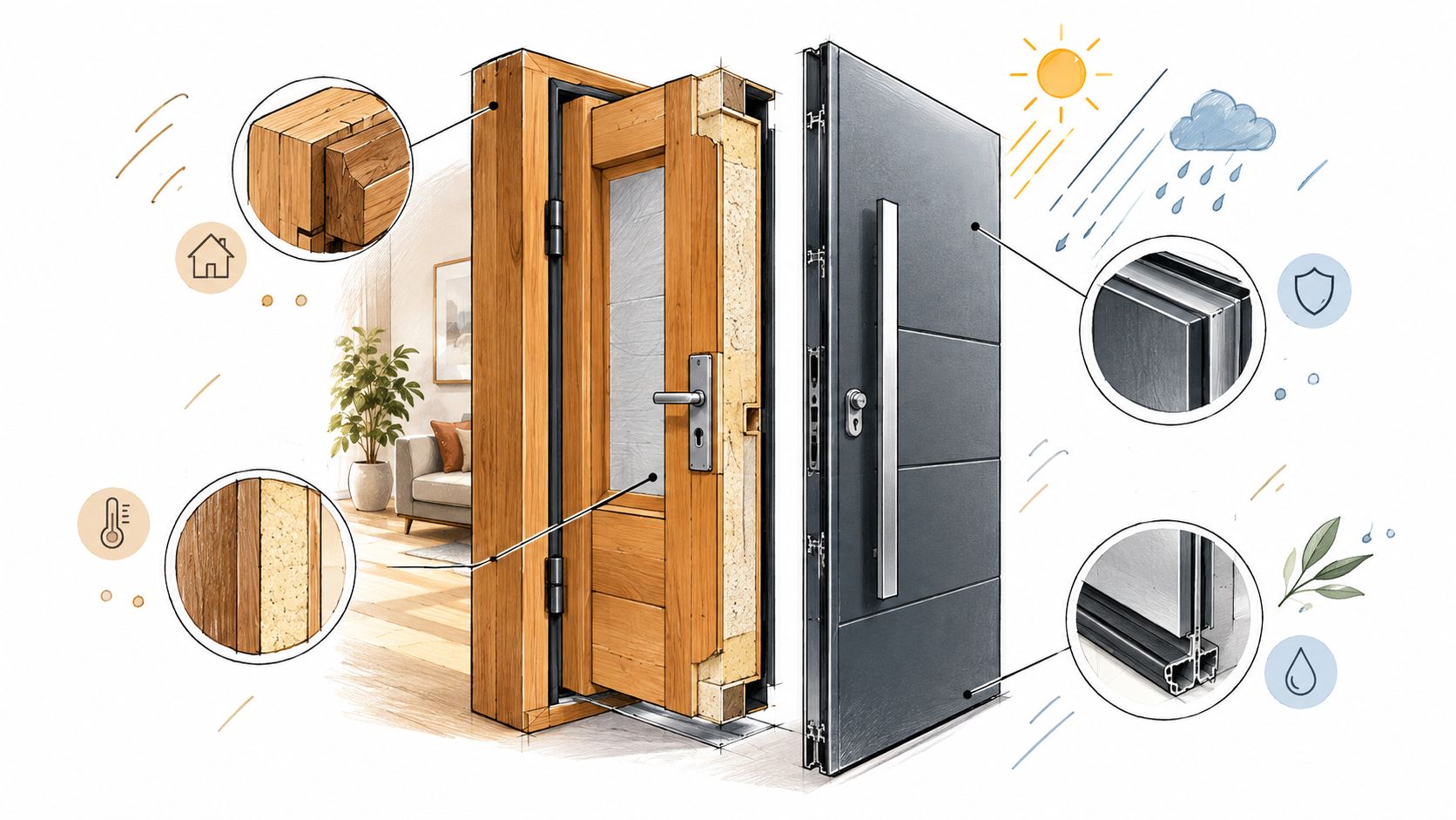 En skematisk illustration af en moderne hoveddør med træinteriør, isoleringslag og en robust aluminiumsyderside for høj energieffektivitet.