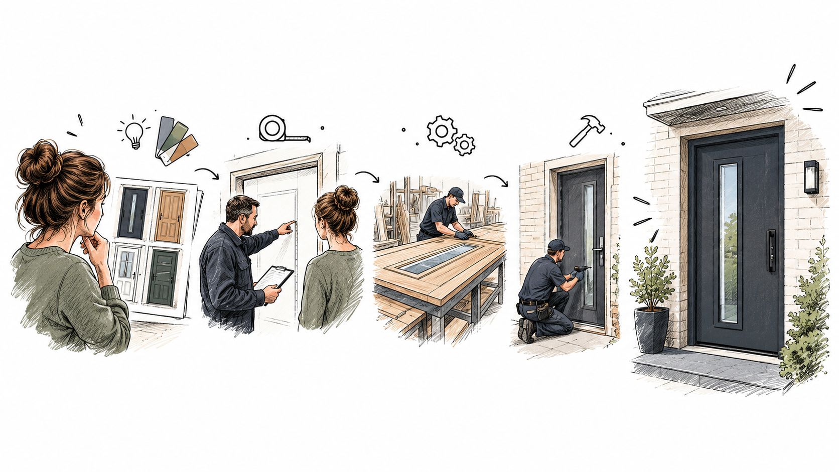 Illustration af processen for bestilling, måling, fremstilling og montering af en moderne facadedør med glas.